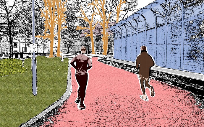 Als Strichzeichnung verfremdetes Foto von zwei Joggern vor dem hohen Klinikzaun (Bild: LWL)
