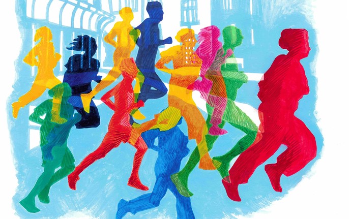 Bunt eingefärbte Silhouetten von Laufenden vor einem gezeichneten Forensik-Zaun (Bild: LWL)