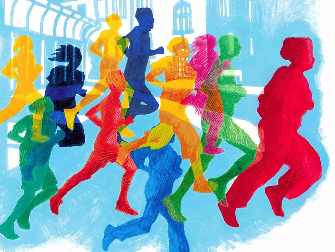 Bunt eingefärbte Silhouetten von Laufenden vor einem gezeichneten Forensik-Zaun (Bild: LWL)