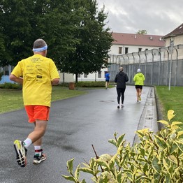 Mehrere Läufer laufen joggen entlang des Sicherheitszaunes.  (Bild: LWL/Schufi)